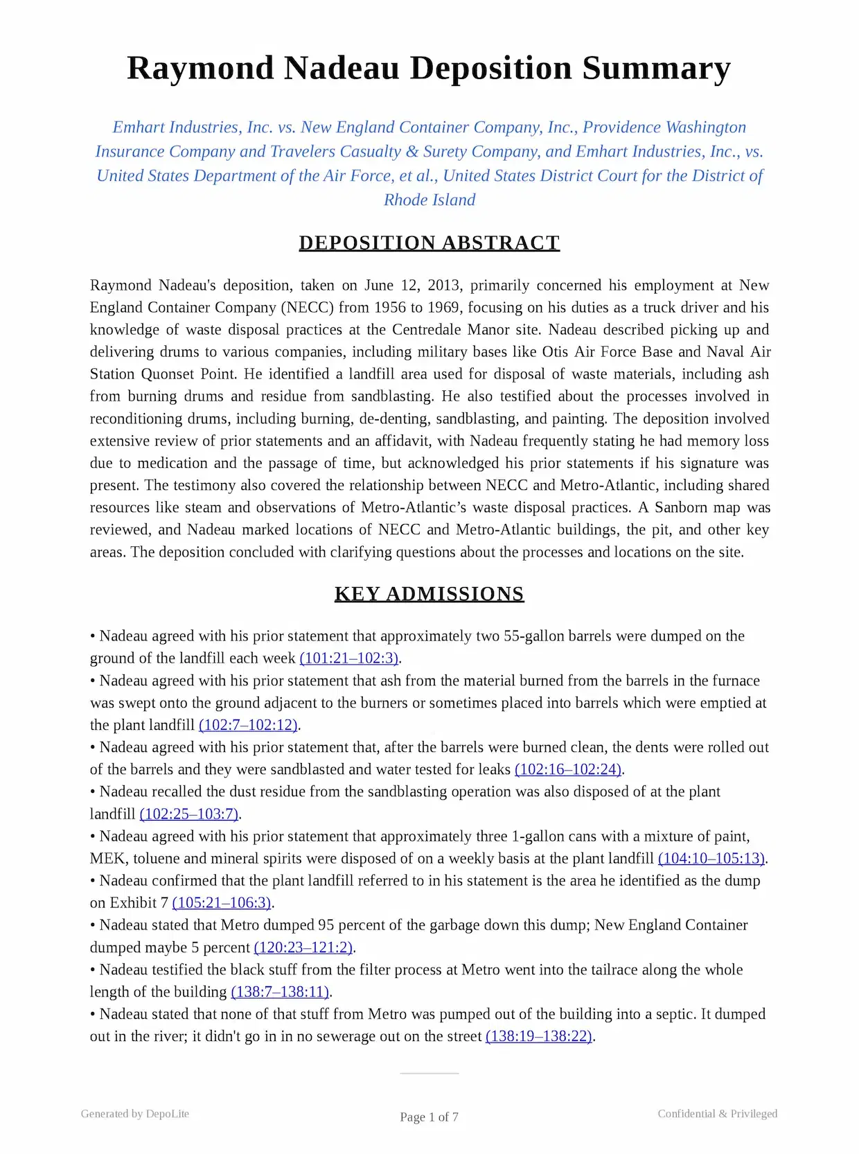 Raymond deposition summary page 1