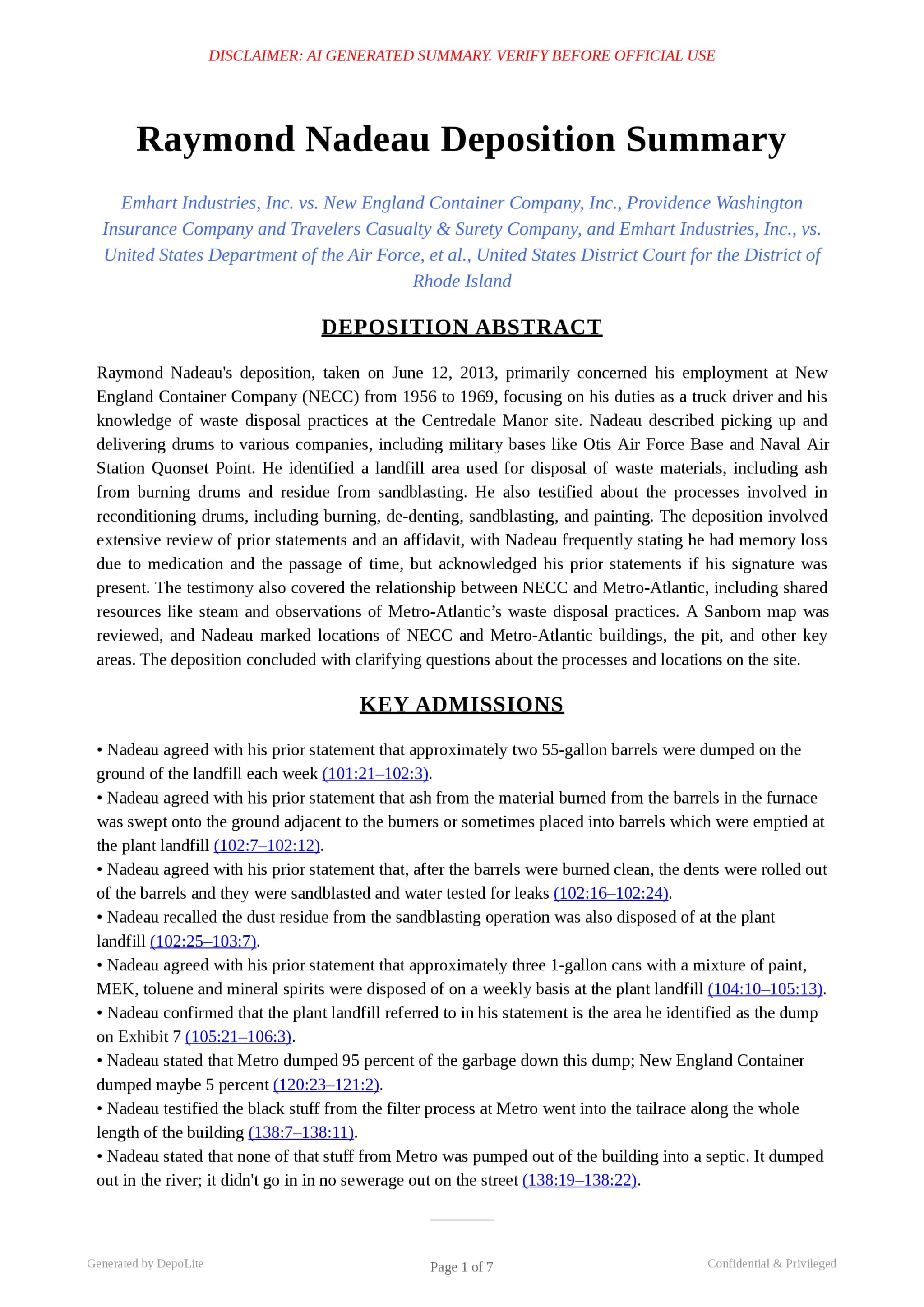 Raymond deposition summary page 1